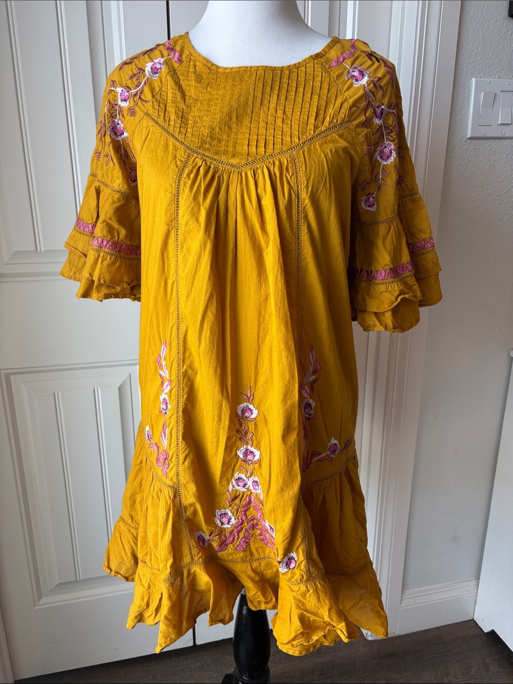 Free People 🩷 Mustard Yellow Embroidered Ruffle Dress